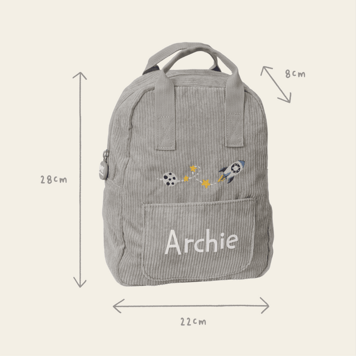 Personalised Rocket Embroidered Grey Cord Backpack