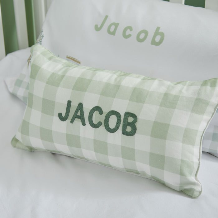 Personalised Sage Checkered Linen Cushion
