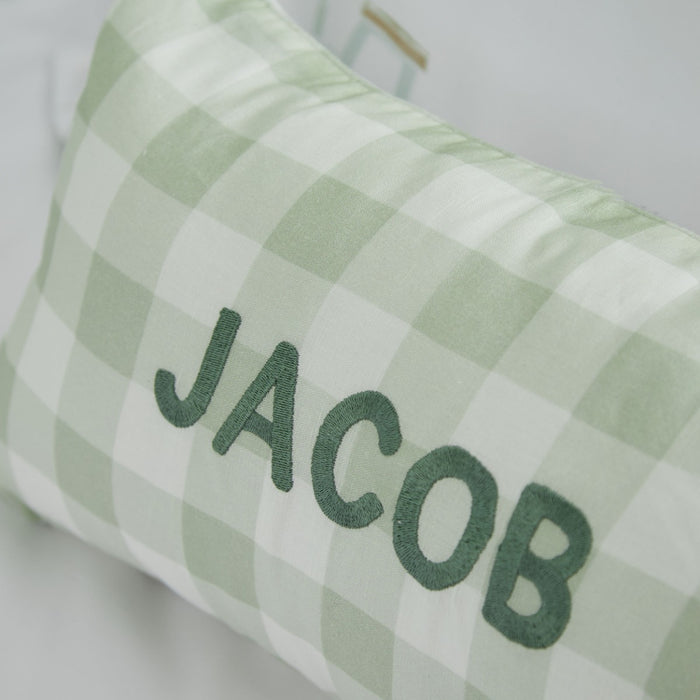 Personalised Sage Checkered Linen Cushion