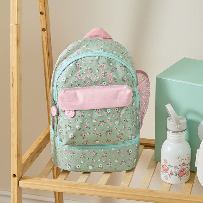 Personalised Sage Ditsy Floral Compartment Backpack