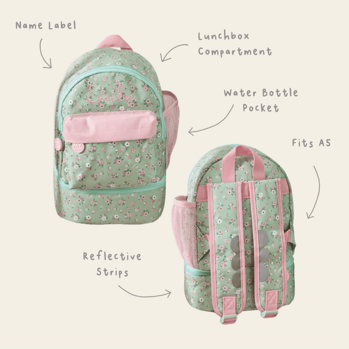 Personalised Sage Ditsy Floral Compartment Backpack