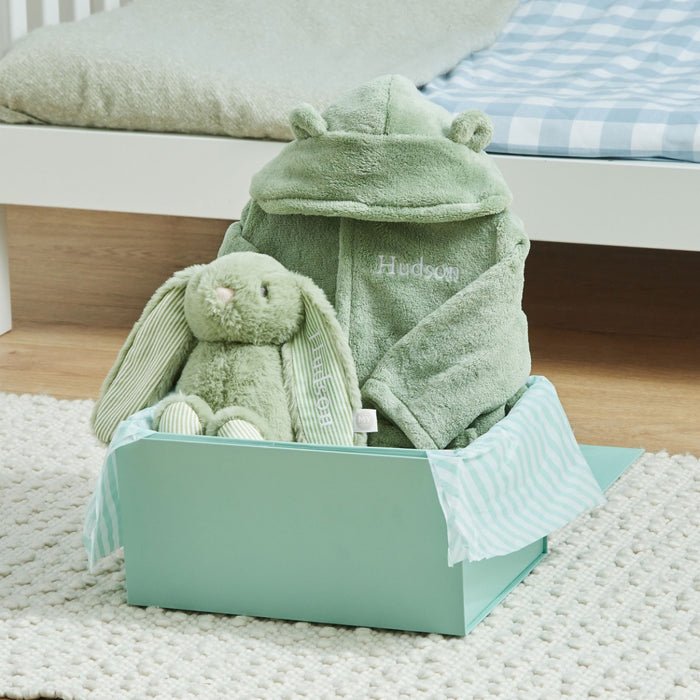 Personalised Sage Green Robe and Bunny Goodnight Gift Set