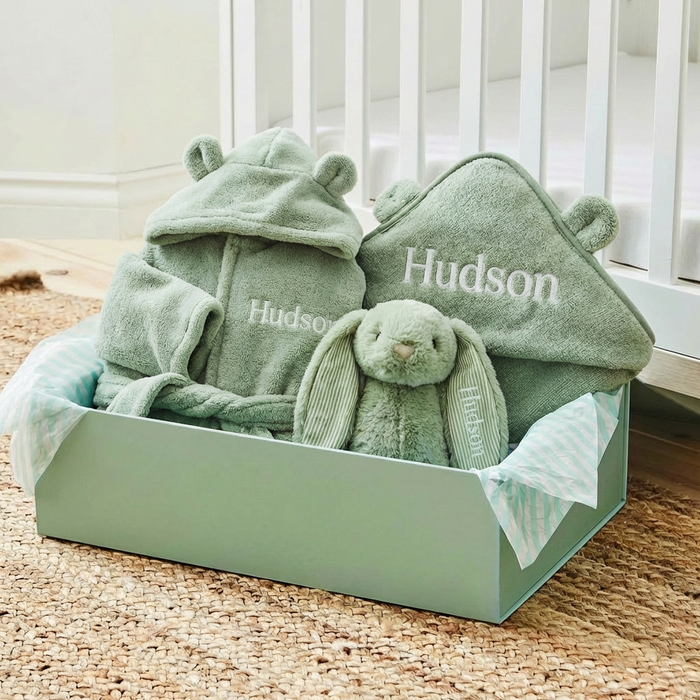 Personalised Sage Splash, Snuggle & Cuddle Gift Set