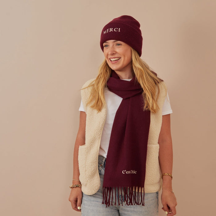 Personalised Slogan Deep Cuff Beanie Hat in Burgundy