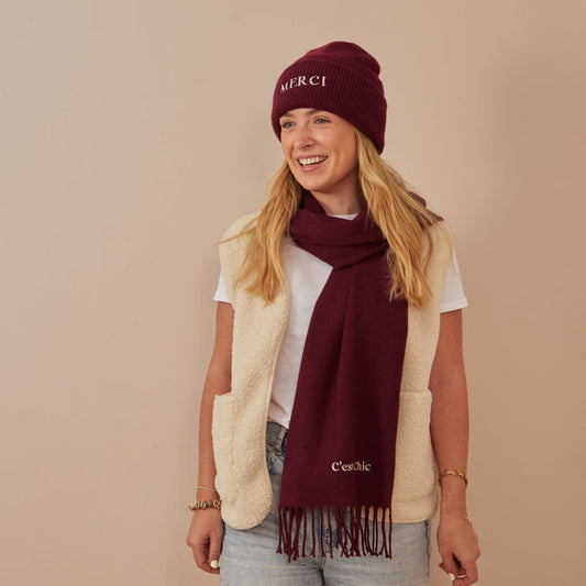 Personalised Slogan Deep Cuff Beanie Hat in Burgundy