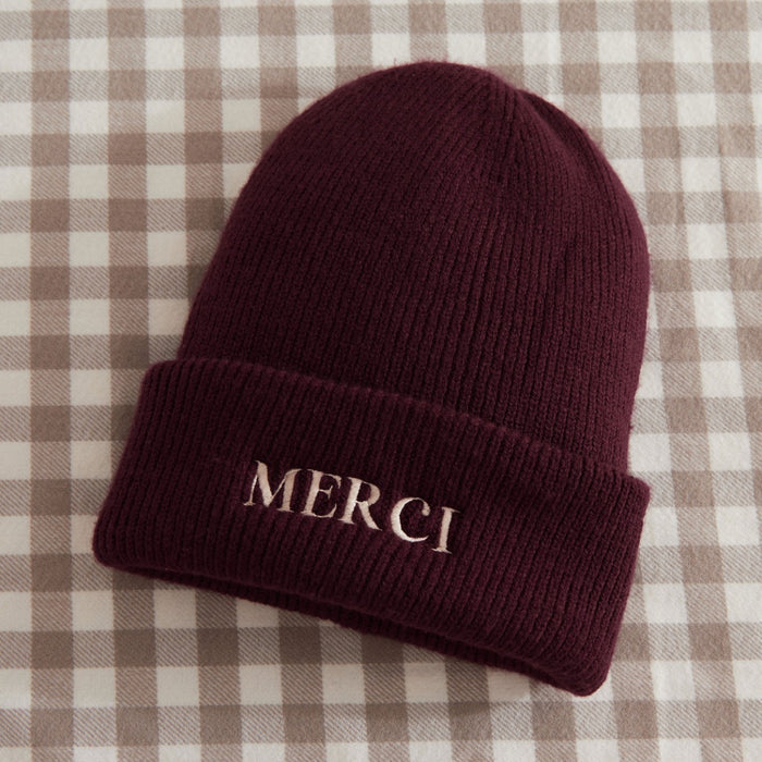 Personalised Slogan Deep Cuff Beanie Hat in Burgundy