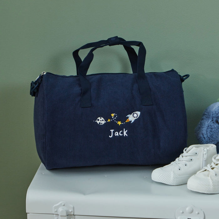 Personalised Space Rocket Navy Cord Barrel Bag