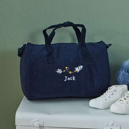 Personalised Space Rocket Navy Cord Barrel Bag