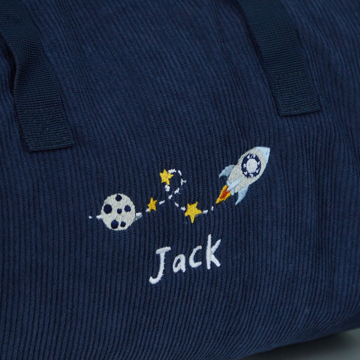 Personalised Space Rocket Navy Cord Barrel Bag