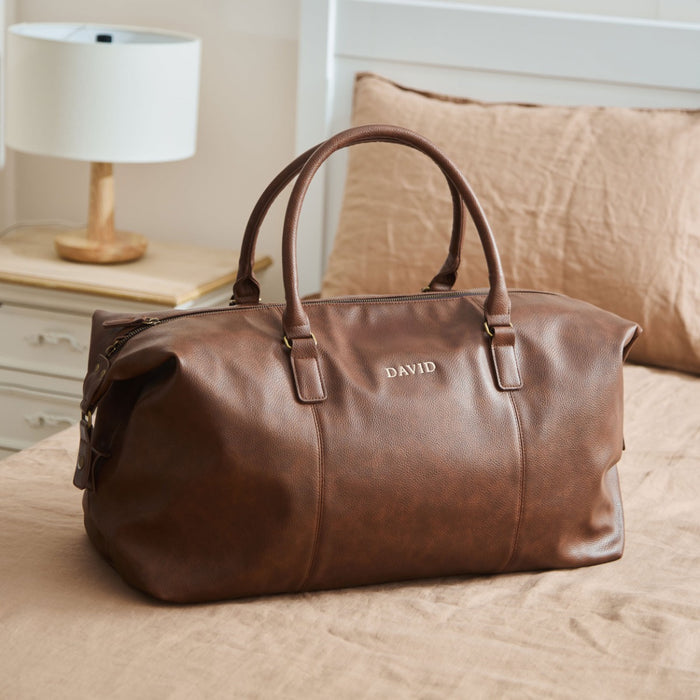 Personalised Tan Embroidered PU Weekend Holdall Bag