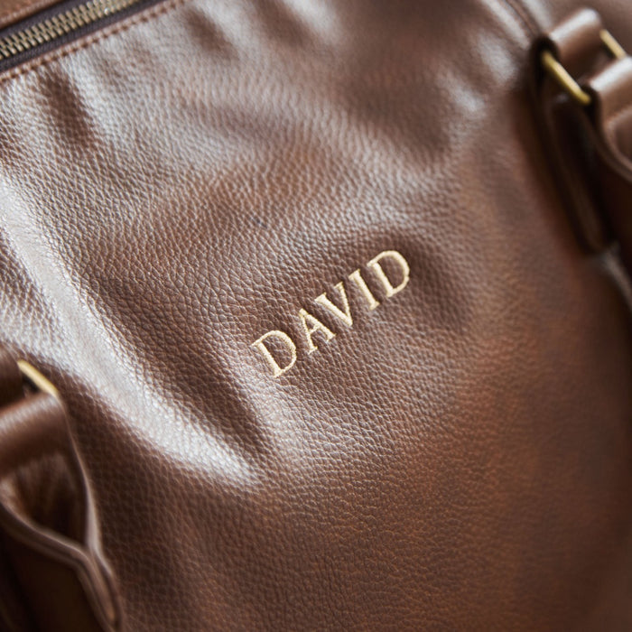 Personalised Tan Embroidered PU Weekend Holdall Bag