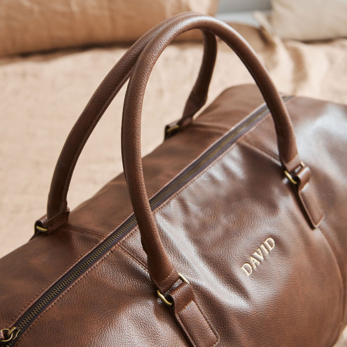 Personalised Tan Embroidered PU Weekend Holdall Bag