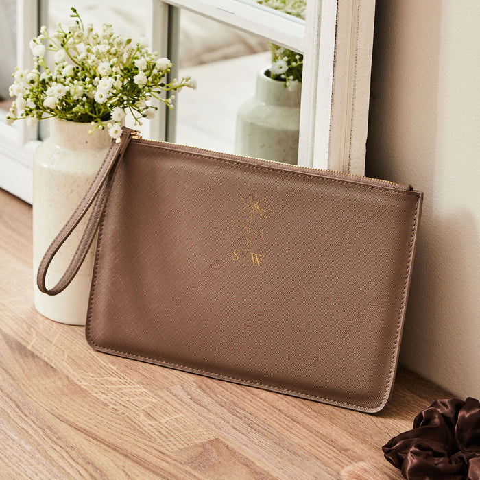Personalised Taupe Birth Flower Monogrammed Pouch