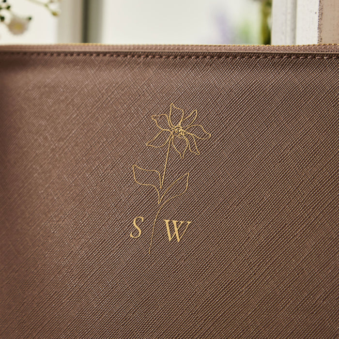 Personalised Taupe Birth Flower Monogrammed Pouch