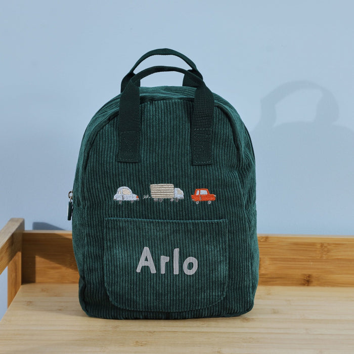 Personalised Transport Forest Green Cord Mini Backpack