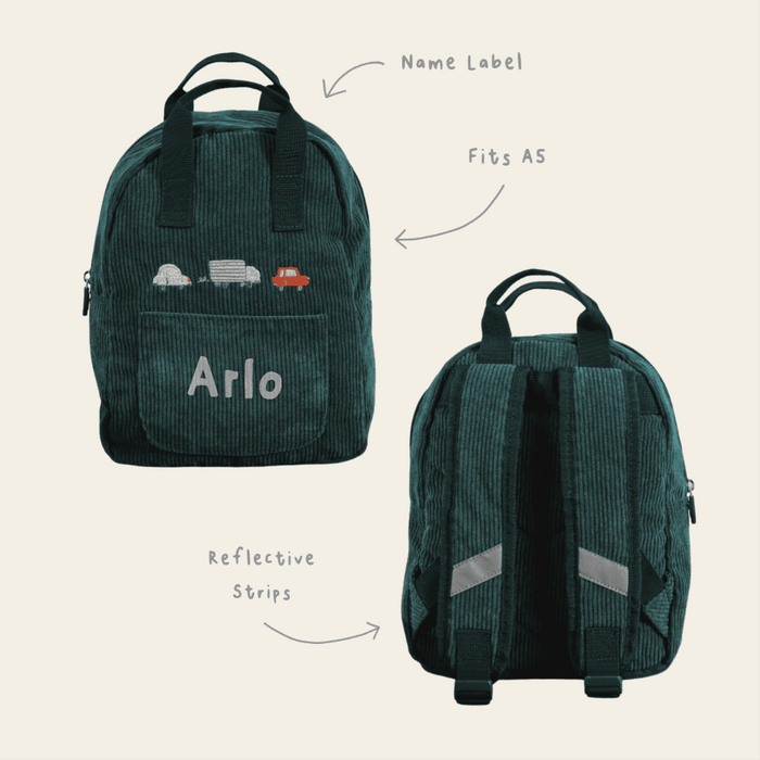 Personalised Transport Forest Green Cord Mini Backpack