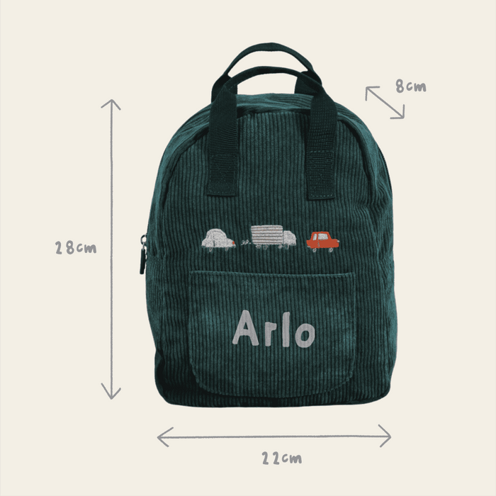 Personalised Transport Forest Green Cord Mini Backpack
