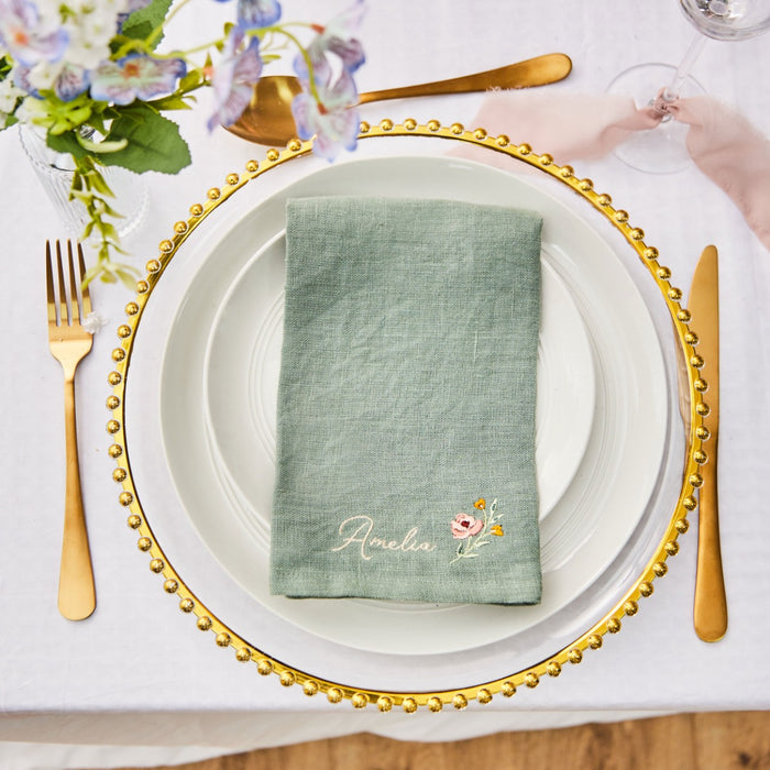Personalised Wildflower Embroidered Rosemary Linen Napkin