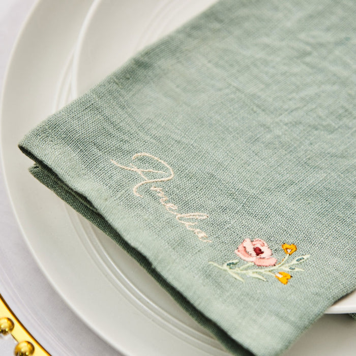 Personalised Wildflower Embroidered Rosemary Linen Napkin