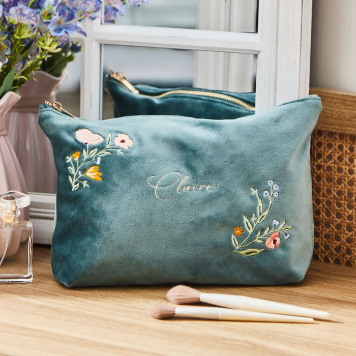 Personalised Wildflower Large Velvet Make Up Bag in Teal by Made Yours