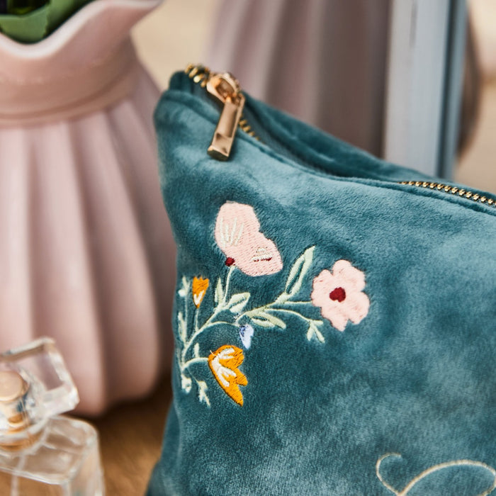 Personalised Wildflower Large Velvet Make Up Bag in Teal by Made Yours