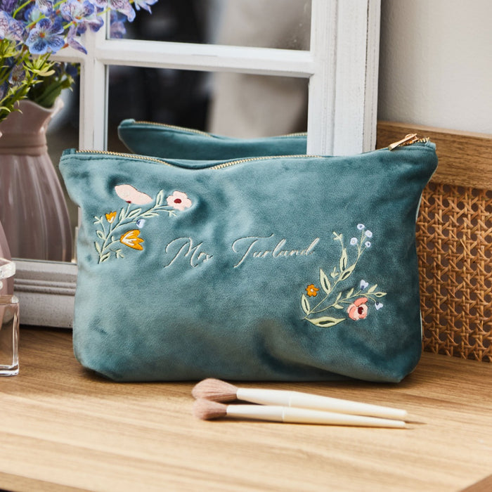 Personalised Wildflower Large Velvet Make Up Bag in Teal by Made Yours