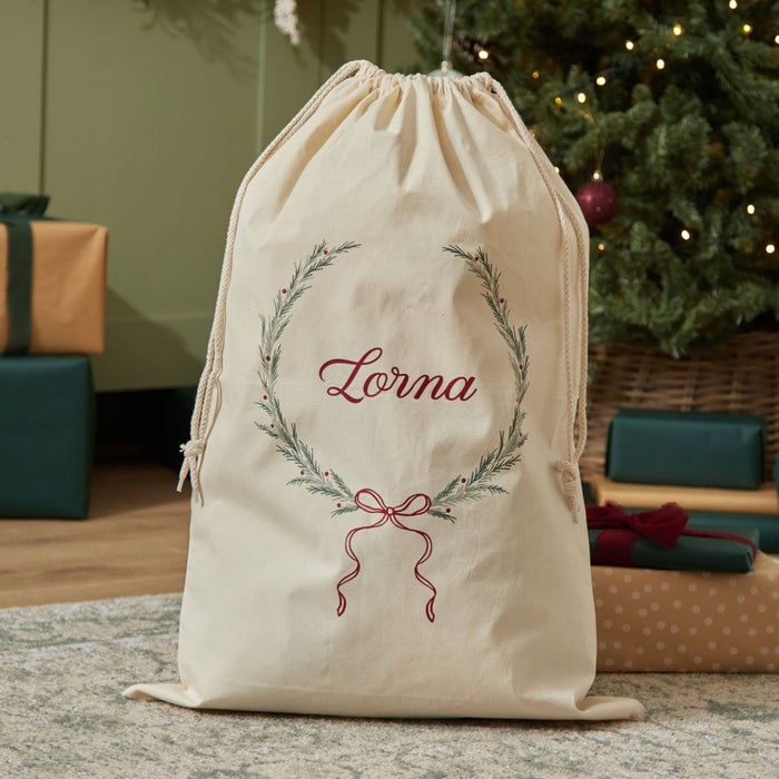 Personalised Wreath Sprig Christmas Canvas Gift Sack