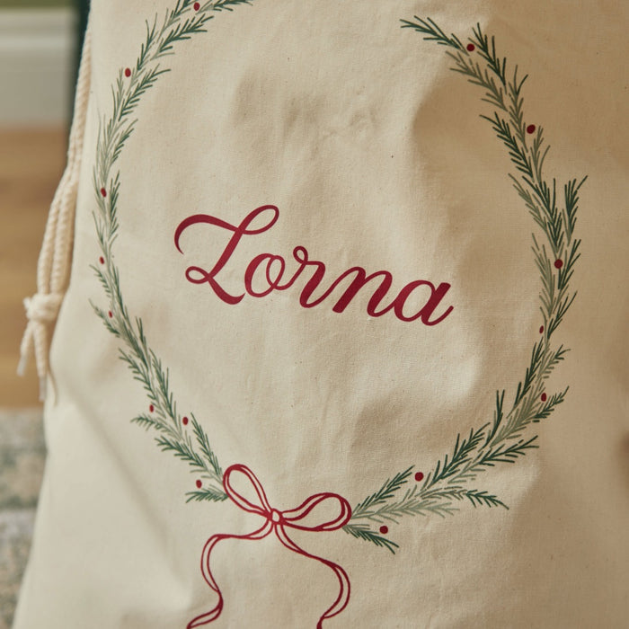 Personalised Wreath Sprig Christmas Canvas Gift Sack