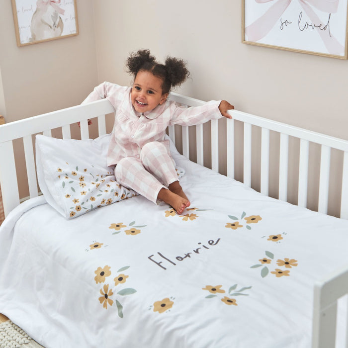 Personalised Yellow Floral Wreath Toddler Duvet and Pillow Set 150x120cm