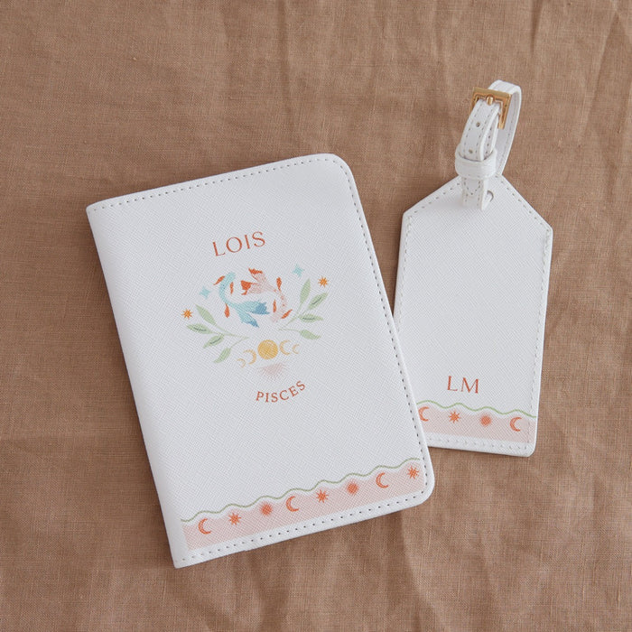 Personalised Zodiac Passport Cover & Luggage Tag in White