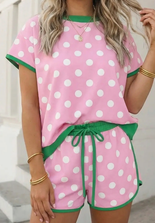 Pink and Green Poka Dot PJ Set