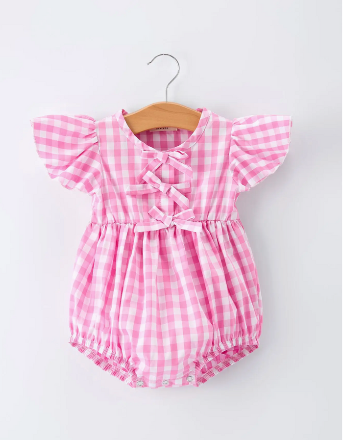 Plaid Baby Girls Romper Bow Flutter Sleeve
