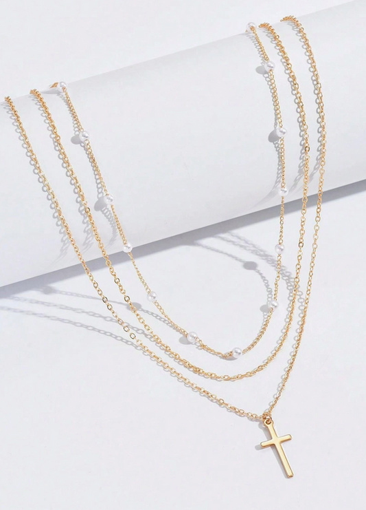 Plated Cross Pendant Pearl Triple Layer Chain Necklace