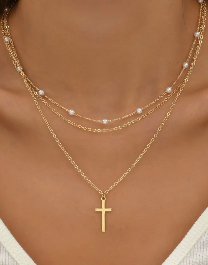 Plated Cross Pendant Pearl Triple Layer Chain Necklace