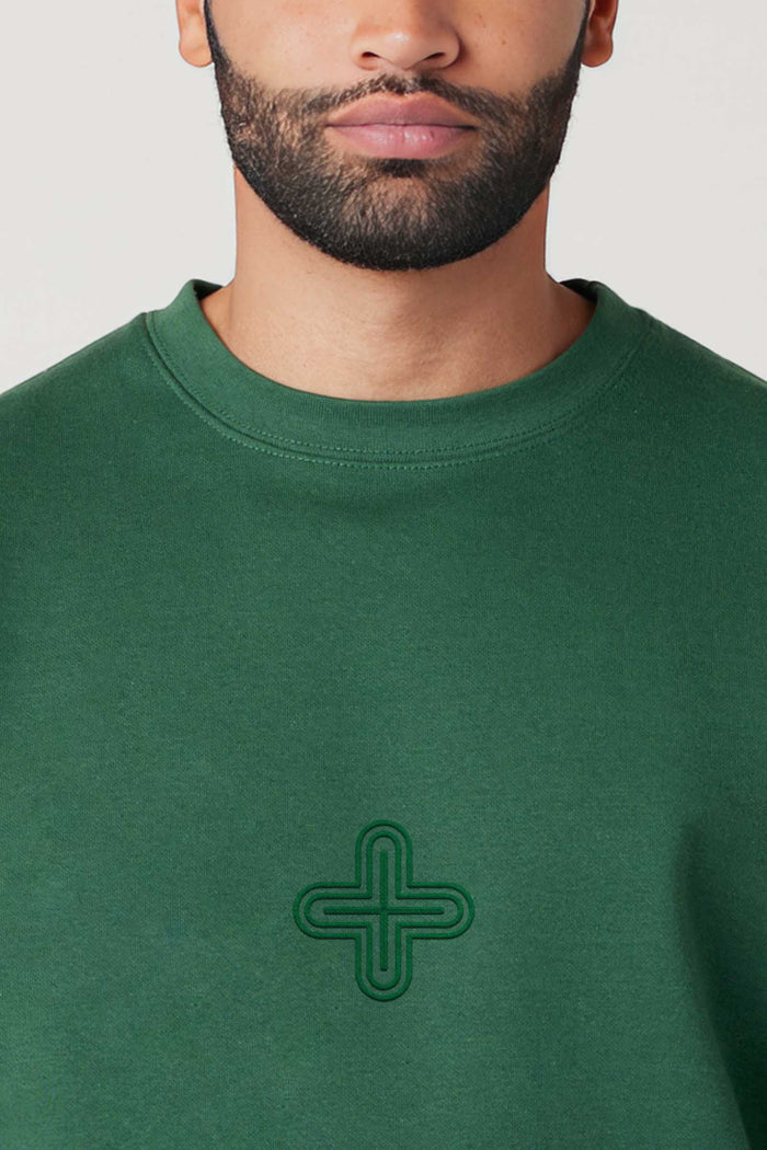 Plus - Monochrome Embroidery Men Sweatshirt - Forest Green - symbolika