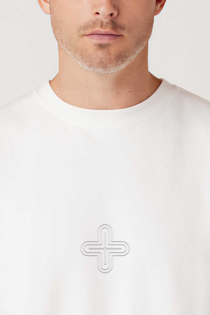 Plus - Monochrome Embroidery Men Sweatshirt - White - symbolika