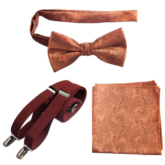Pre - tied Bow Tie & Pocket Square Paisley Jacquard with Adjustable Stretch Suspender - Tuxgear