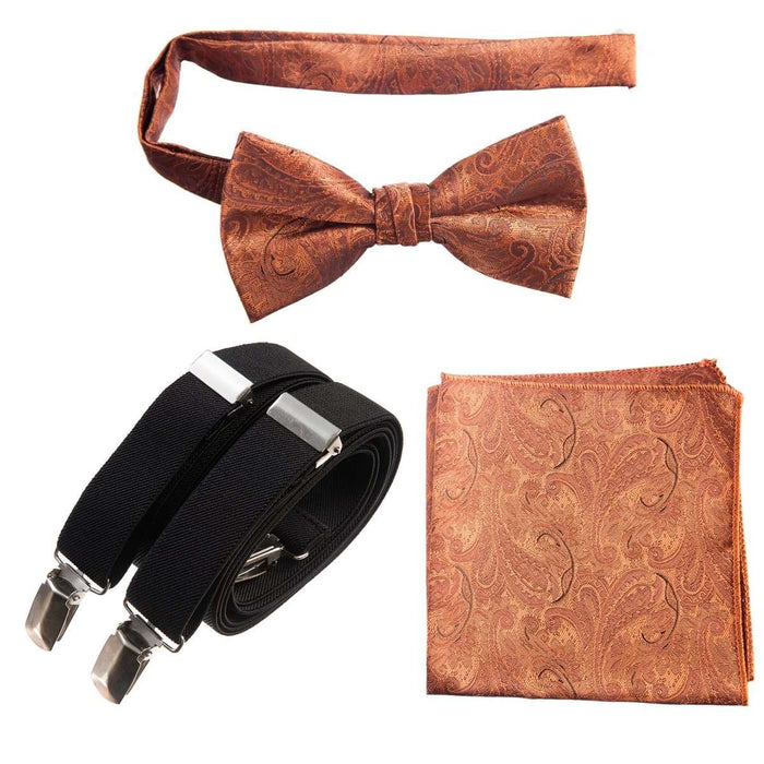 Pre - tied Bow Tie & Pocket Square Paisley Jacquard with Adjustable Stretch Suspender - Tuxgear