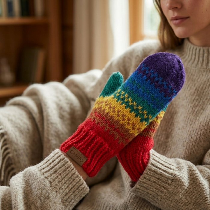 Person wearing a beige sweater and colorful knit mittens indoors.