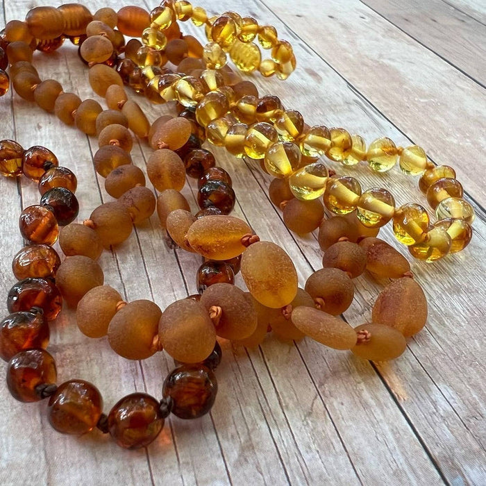 R.B. Amber Jewelry - Raw Cognac Bean Baltic Amber Necklace: Standard Hang Tag / 14-15 inches