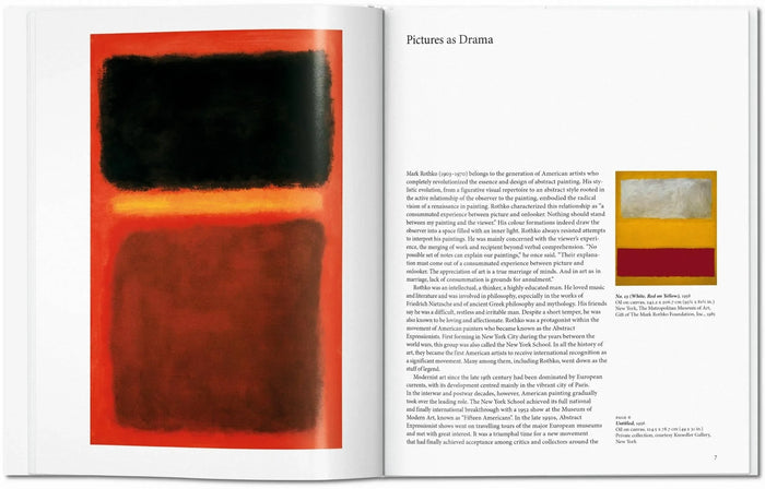 Open book with abstract art on a red background and text on a white page.
