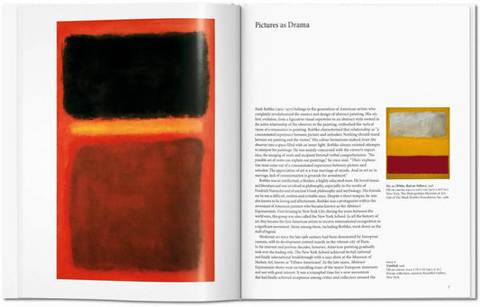 Open book with abstract art on a red background and text on a white page.