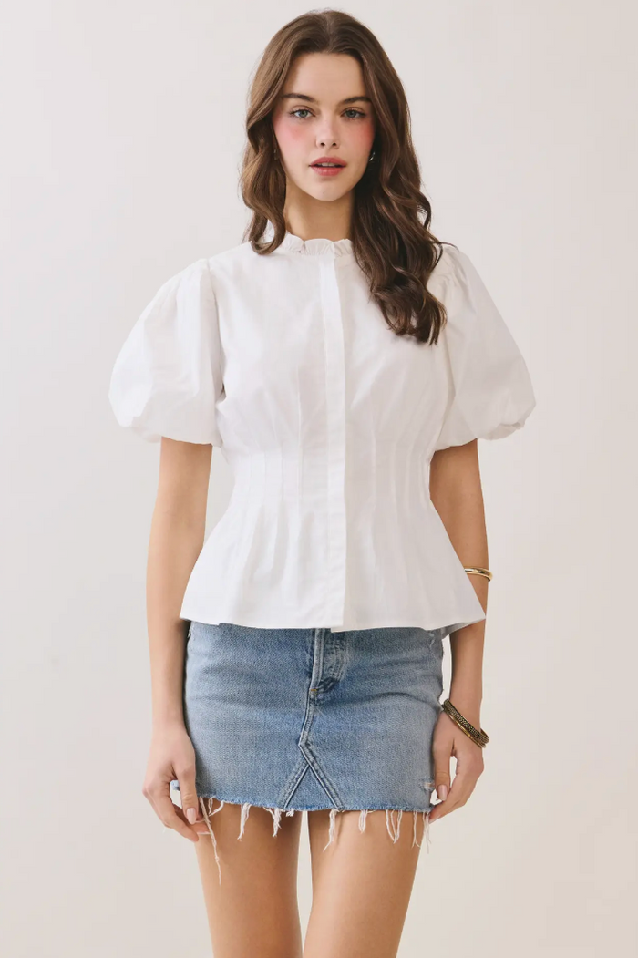 Ruffled Mock Neck Fitted Bodice Button Down Top