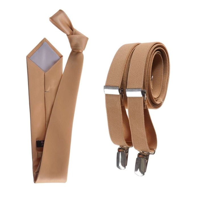 Self - Tie Satin Necktie with Matching Elastic Suspender - X Back Design - Tuxgear