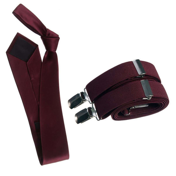 Self - Tie Satin Necktie with Matching Elastic Suspender - X Back Design - Tuxgear