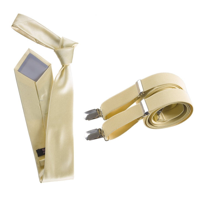 Self - Tie Satin Necktie with Matching Elastic Suspender - X Back Design - Tuxgear