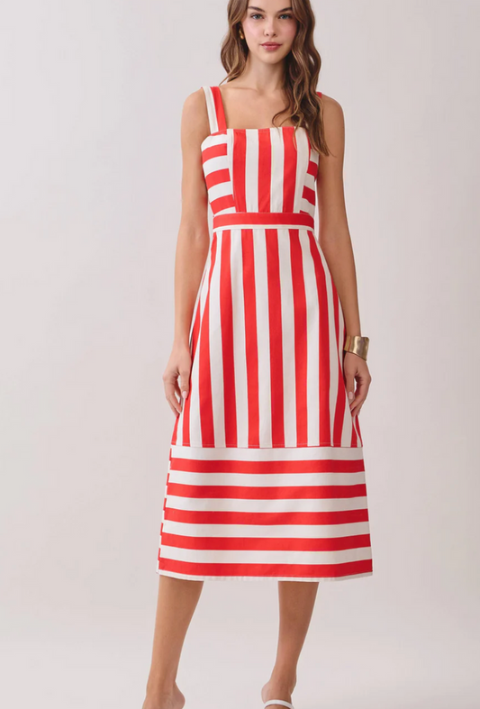 Square Neck Wide Straps Striped Midi Dress | Red