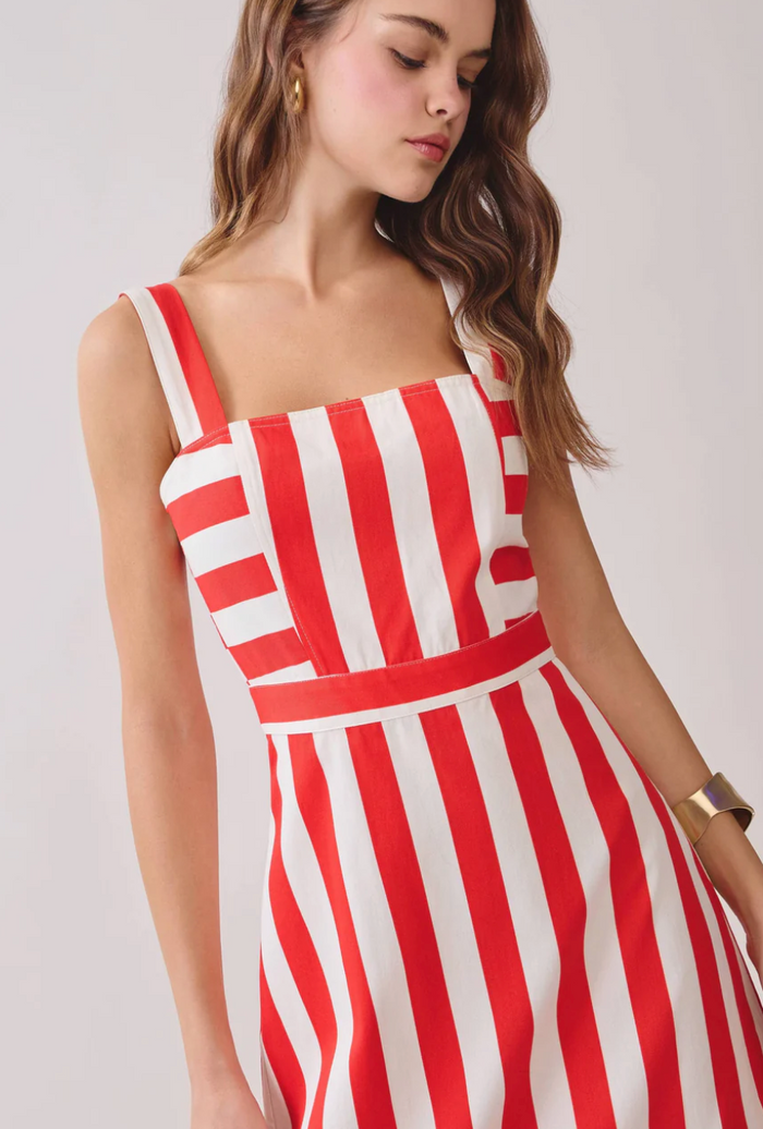 Square Neck Wide Straps Striped Midi Dress | Red