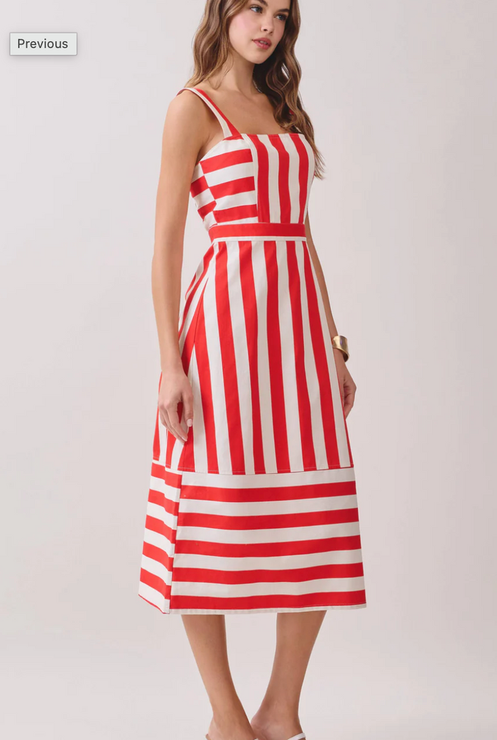 Square Neck Wide Straps Striped Midi Dress | Red