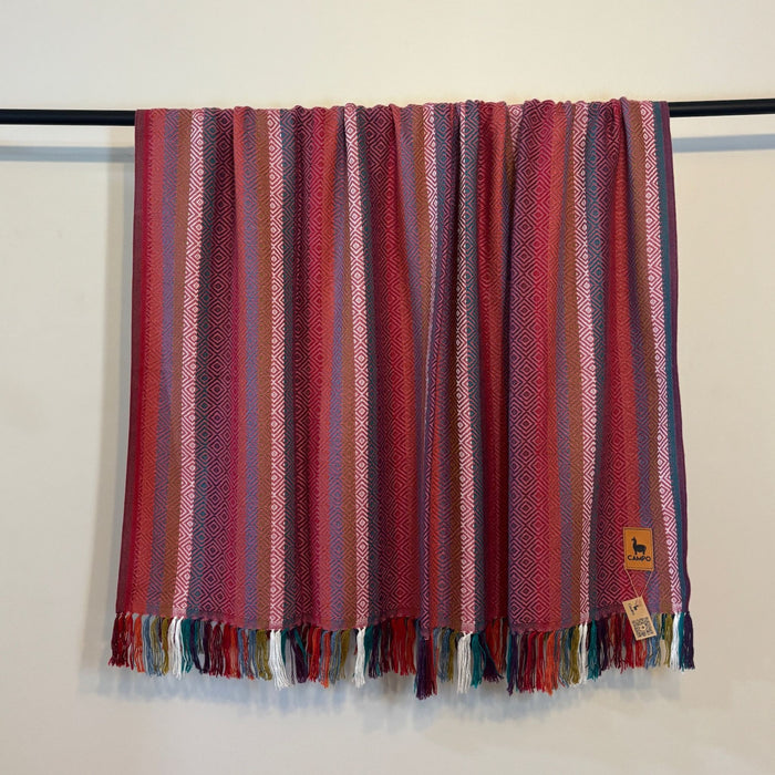 Pink Striped fabric with colorful fringes on a white background